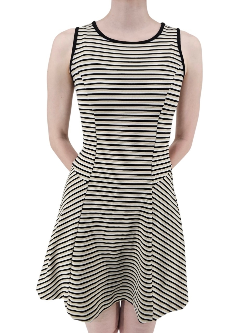 Black Cream Striped Fit & Flare Knit Dress Size Small Classic Preppy